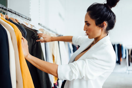 Pretty young woman standing in front of a hanger and trying to choose clothes for work or outing....