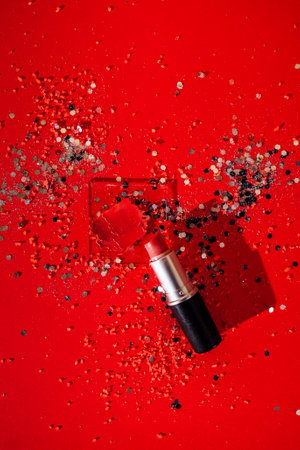 Cosmetics smear of smudged red lipstick on transperent glass. Bright red background with silver...