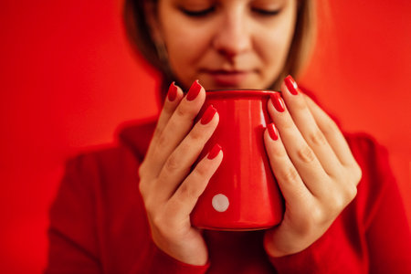 Young blondy girl in a red sweater holds a red cup in her hands. Close up of a beautiful bright red...