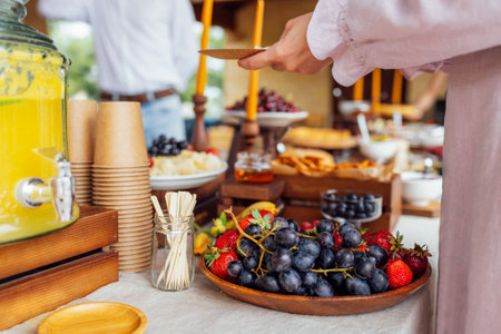 Backyard barbeque party at summer, elegant decoration, luxury catering, tasty and beautiful food on open air, drink and buffet standing reception, festive celebrationの写真素材