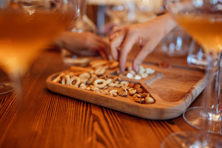 Glass goblets placed in rows on table during wine tasting procedure in restaurant. close up. Degustationの写真素材