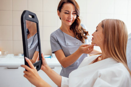 Doctor checking woman face skin in cosmetology clinic before plastic surgery. Surgeon or beautician touching woman face. Female client with facial lines looks at herself in the mirror. copyspace.の写真素材