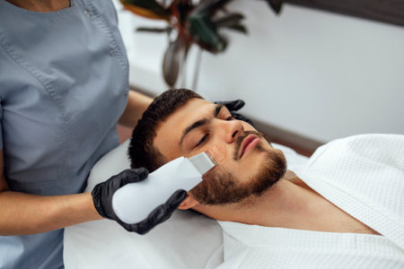 Beauty master makes ultrasonic facial peeling to her client. Youngcaucasian man doing an effective cleansing of the skin and pores in a beauty salon. Electric spa equipment. copy spaceの写真素材