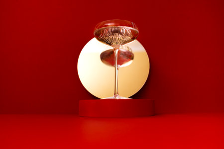 Round mirror with a stage on a bright red background. Retro glass of sparkling champagne is reflected in the mirror. Holliday conceptの写真素材
