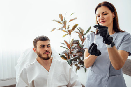 beauty injections. Female cosmetologist in transparent gloves makes an injection in the lower jaw of her client. Treatment with hyaluronic acid. Introduction of liquid into the skin of young manの写真素材