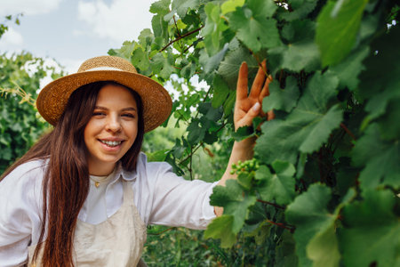 Young beautiful woman takes care of the vineyard. Caucasian pretty girl in beige sundress, white shirt and straw hat examines green bunches of grapes. Green rows with grapes in the background.の写真素材
