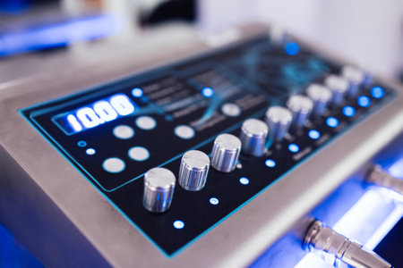Close up of ems device in fitness club or gym. Control panel for electro muscle stimulation machine...