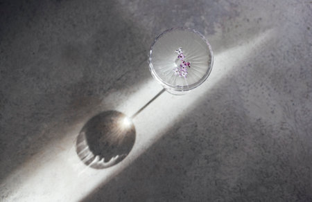 One glass with champagne on a light table surface reflecting soft sunshine rayson. Sparkling wine with lilacs flowers. top view.の写真素材