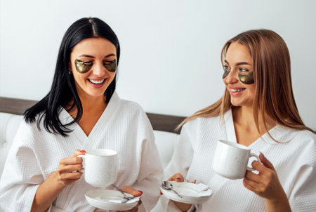 Two young female clients of beauty salon in white coats drink tea and chat between spa procedures. Well groomed girls with patches under their eyes smile at each other and hold hot cups in hands.の写真素材
