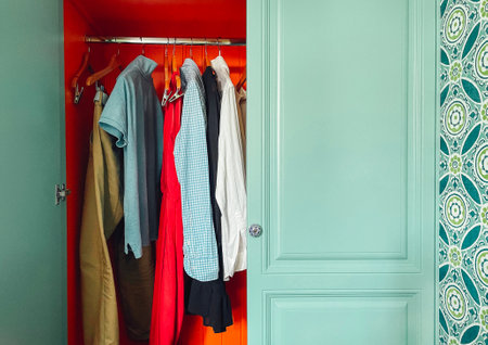 Blue wooden cabinet with open door. Summer woman and man casual wear on shoulders in modern closet. Jeans, polo shirts, blouses and dresses in wardrobe. Wallpaper with geometric patterns on backgroundの写真素材