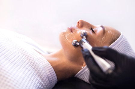 Cosmetology light equipment. Anti age and wrinkle. Microcurrent medicine treatment. Portrait of a beautiful woman. skin care clinicの写真素材