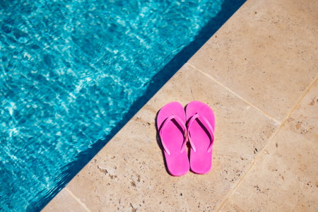 Pink flipflop on the granite poolside while vacation at the hotel. Summer female shoes bright color next to the blue clear water of the pool. Relax and travel concept. copyspace.の写真素材