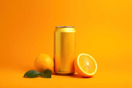 Realistic orange color iron can. Mock up for your promo design with oranges and leaves. Big soda can template. Isolated on orange background. Created using generative AI.の素材
