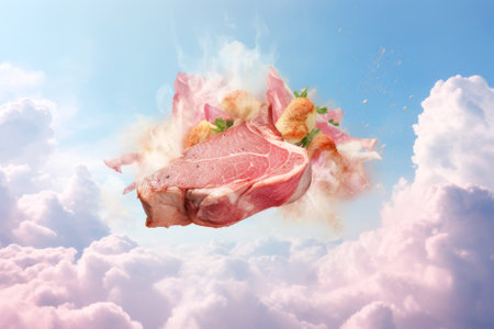 A large piece of delicious aromatic steak with herbs. Realistic fried meat with steam and splashes. Fantastic beautiful background with blue sky and fluffy pink clouds. Generated by AI.の素材