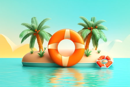 Summer vacation concept in cartoon style. Tropical island with palm trees and lifebuoys on it. Blue sky and turquoise water. Mountains on the horizon. Holidays and trips to the beach. Generative AI.の素材