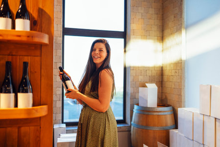 Young charming woman with long beautiful hair smiles and holds a bottle of wine. Laughing attractive girl on a tour of a winery or in a special wine shop. Female brunette examines the label of a drinkの写真素材