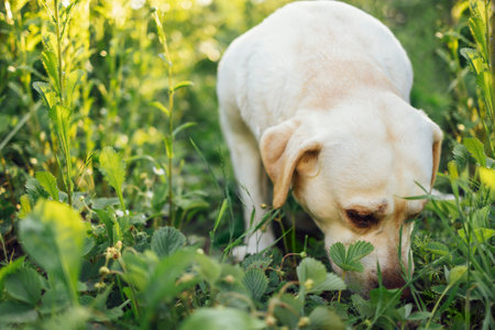 Close up of a cut golden labrador retriever in nature. A beautiful domestic dog sniffs a flower bed with strawberry bushes in the garden. copyspace.の写真素材