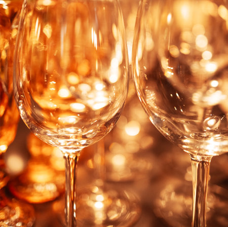 Extreme closeup of empty champagne glasses in a row. Wine goblet at wedding reception, alcohol bar, catering in restaurant. Blurred beautiful background. Nobody.の写真素材