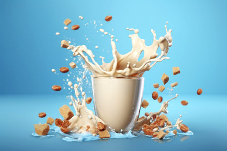 Dynamic splashes of milk from soy on a bright blue background. Design elements for advertising. Non-dairy vegan beverage. Healthy plant-based diet concept. Generative AI.の素材