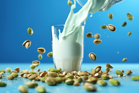 Dynamic splashes of milk from pistachio and scattered nuts on a bright blue background. Design elements for advertising. Non-dairy vegan beverage. Healthy plant-based diet concept. Generative AI.の素材