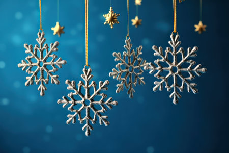 Set of Christmas decorations in the form of beautiful snowflakes. Group of suspended blue-white cute snowflakes with sequins on a light blue background. New Year or Christmas concept. Generative AI.の素材