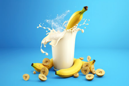 Dynamic splashes of milk from bananas on a bright blue background. Design elements for advertising. Non-dairy vegan beverage. Healthy plant-based diet concept. Generative AI.の素材