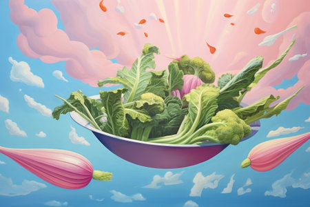 Close-up of a large metal saucepan with flying vegetables. Carrots, broccoli, radishes and beets on a beautiful background with blue sky and white fluffy clouds. Created using generative AI.の素材