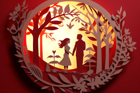 Round wedding composition in beautiful paper cut style design. Stylish abstract red background with marred couple in love. Silhouettes of elegant man and woman among patterns of trees. Generative AI.の素材
