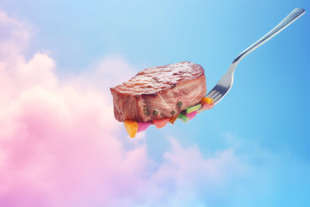 A piece of delicious fried meat with vegetables on a fork. Fantastic beautiful background with blue sky and fluffy pink clouds. Realistic steak on a cutlery. Generated by AI.の素材