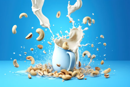 Close up of dynamic splashes of cashew milk and flying nuts on a bright blue background. Design elements for advertising. Non-dairy vegan beverage. Healthy plant-based diet concept. Generative AI.の素材