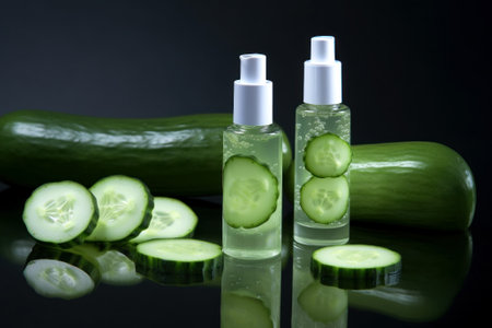 Stylish glass bottles of serum with cucumber slices. Realistic mock up for your promo design with cucumbers and drops on background. Created using generative AI.の素材