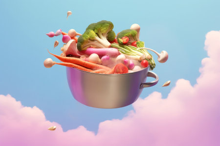 Close-up of a large metal saucepan with flying vegetables. Carrots, broccoli, radishes and beets on a beautiful background with blue sky and white fluffy clouds. Created using generative AI.の素材