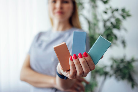 Young woman beautician in gray uniform holds boxes with skin care product. Close up of female hand holding serum container mockup. beauty drips. white background.の写真素材