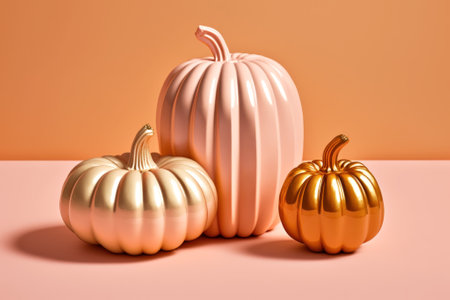 Three ceramic or glass pumpkins painted in pastel colors with golden stems and leaves. Minimalistic still life with cute vegetables on a pink background. Created using generative AI.の素材