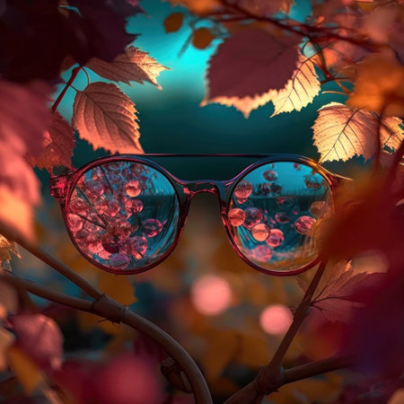Glasses in a stylish frame between sprigs of wild grapes. Red hop leaves and beautiful light are visible through glasses. Evening blue sky. Created using generative AI.の素材