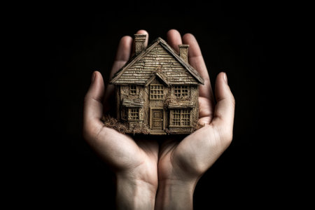 Close-up of female hands holding a small ceramic statuette at house. A young woman in a gray sweater holds out a figurine of a residential building on her palms. Generated by AI.の素材