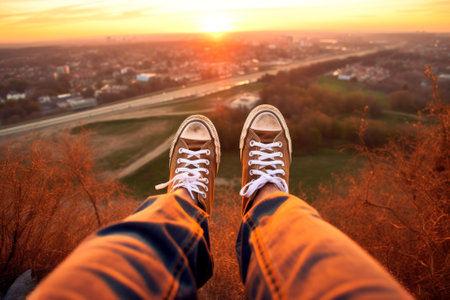 Male legs in sneakers and jeans against background of city and beautiful sunset. Man is sitting on mountain and taking pictures of his feet against backdrop of urban landscape. Generated by AI.の素材
