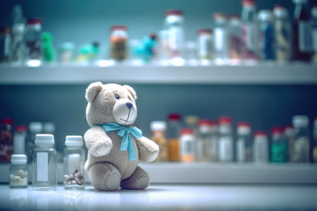Vintage teddy toy in a tag behind the store counter. Retro teddy bear on the counter at the pharmacy. Beautiful blurred background with lamps and shelves. Created using generative AI.の素材