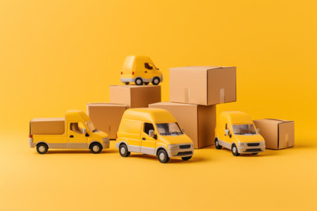 Yellow minivans with cardboard boxes. A toy delivery cars with small paper boxes inside and on the roof in bright yellow background. copyspace. Created using generative AI.の素材