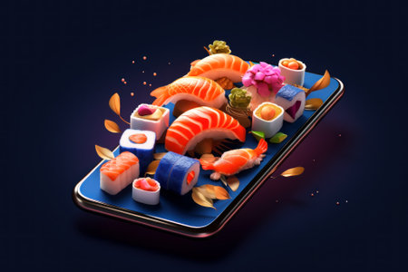Asian food on the phone screen. Sushi, rolls, wasabi, caviar decorated with leaves on a dark blue background. Icon for a food delivery app or restaurant, cafe, fast food. Generative AI.の素材