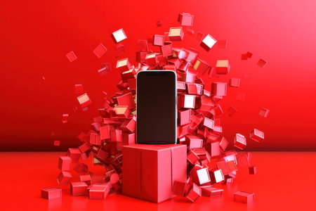 Mockup of the mobile phone in the middle of pink boxes with gifts. Digital device and advertising of shopping delivery. Flying boxes on a red background. Created using generative AI.の素材