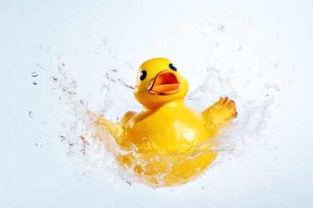 Close-up of a small yellow duck in clear water. Cute children rubber toy and water splashes. Bright sun in the background. Created using generative AI.の素材