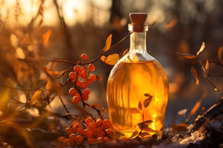 Close-up of a glass bottle with sea buckthorn oil and cork against the backdrope of branches and orange ripe berries of the tree. beautiful golden sunlight. natural background. Generative by AI.の素材