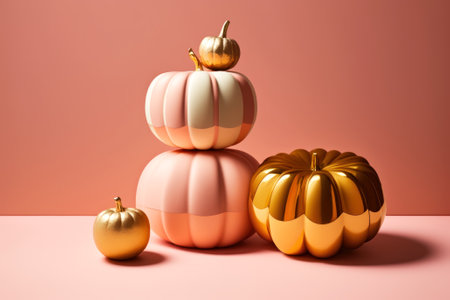 Five ceramic or glass pumpkins painted in pastel colors with golden stems and leaves. Minimalistic still life with cute vegetables on a pink background. Created using generative AI.の素材