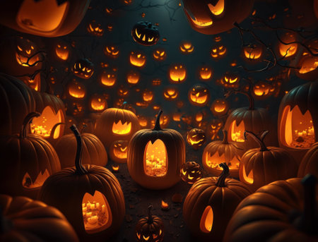 Cartoon illustration with glowing carved pumpkins on the background of roots and branches of trees without foliage. Dark blue sky and bats in the backdrop. Halloween greeting card. Generated by ai.の素材