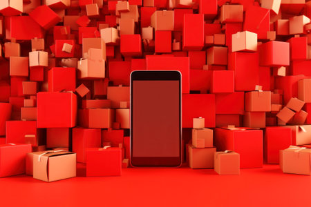 Mockup of the mobile phone in the middle of pink boxes with gifts. Digital device and advertising of shopping delivery. Flying boxes on a red background. Created using generative AI.の素材