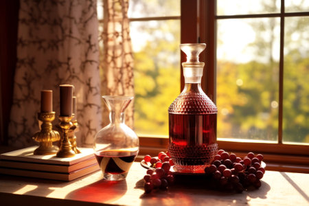 Close-up of beautiful crystal glass decanters with brandy or port wine and glasses on a wooden table in the living room of the house. bright sunshine. Houses and trees in the background. Generative AIの素材