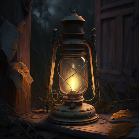 Lit vintage rusty kerosene lamp on a dark background with flying dust particles. Retro oil lamp on a gravel path. Storm lantern. A mystical and fabulous world. Created using generative AI.の素材
