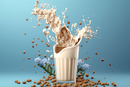Dynamic splashes of milk from buckwheat and scattered nuts on a bright blue background. Design elements for advertising. Non-dairy vegan beverage. Healthy plant-based diet concept. Generative AI.の素材