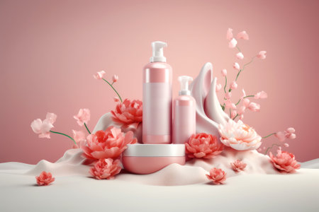 A group of mockups of bottles for cosmetics. White samples stand on a stage with pink flowers and leaves. Isolated pink background. Packages for your promo design. Created using generative AI.の素材